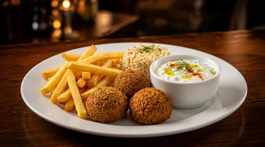 Pommes mit Tzatziki und Falafel