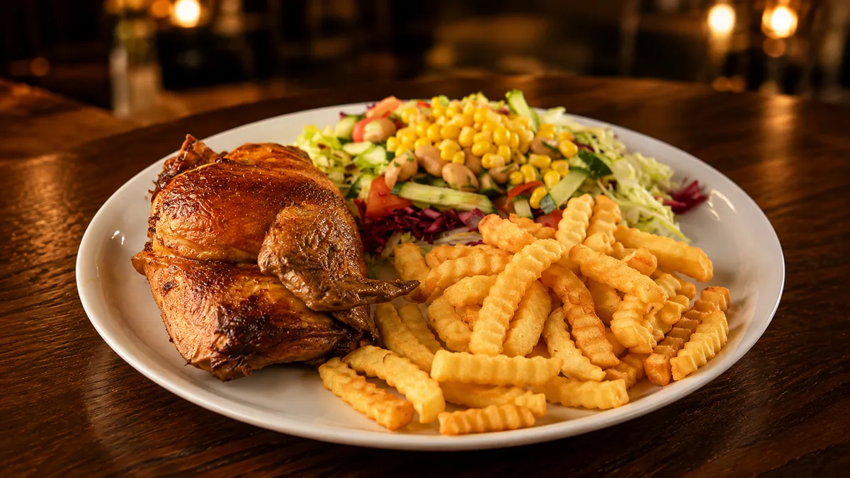 Halbes Grillhähnchen mit Pommes und Salat