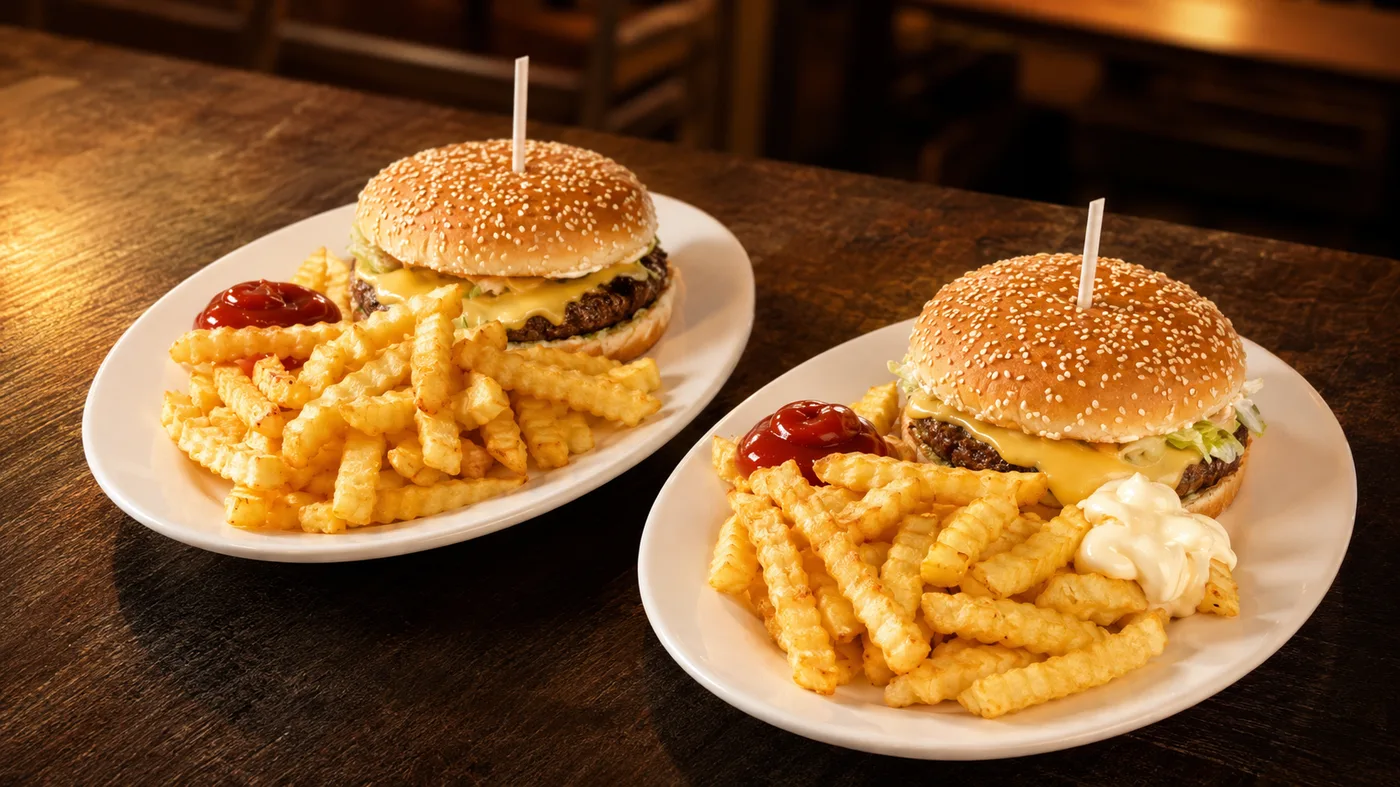 Zwei Burger-Teller mit Pommes