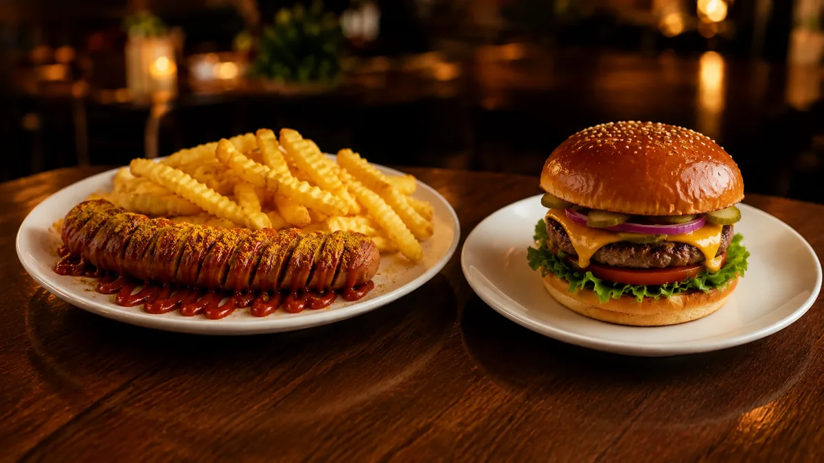 Currywurst mit Pommes und Cheeseburger